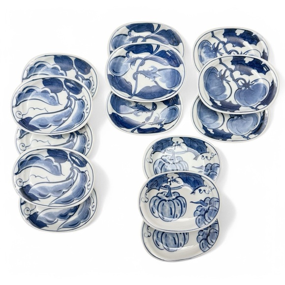 Vtg Set of 14 Japanese Porcelain Blue Vegetable Motif Condiment Pickle Dishes